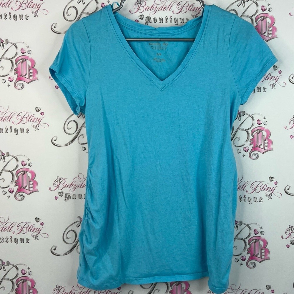 Paisley Sky tshirt tee bright aqua blue Turquoise V-Neck Short Sleeve Top cinch